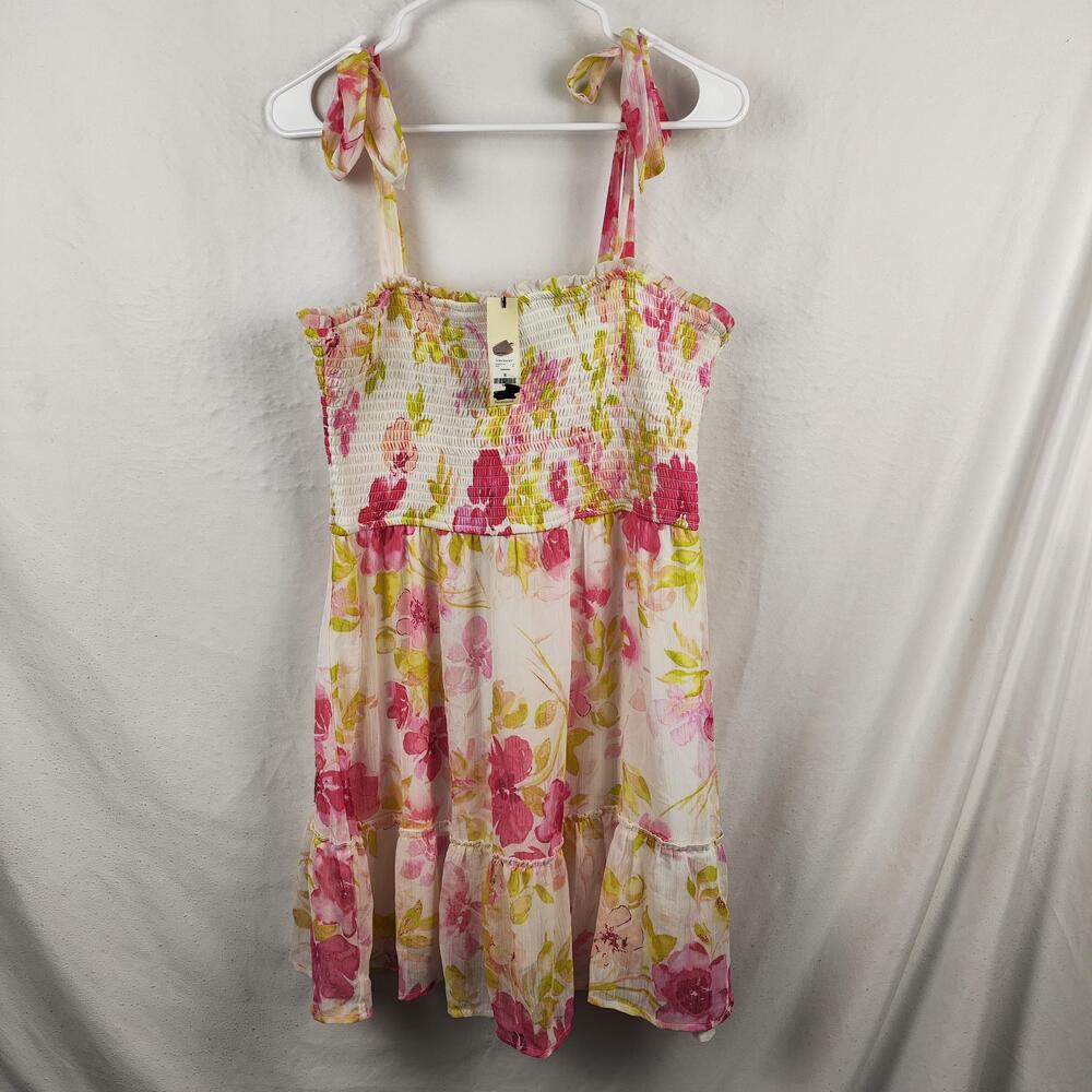 Trixxi Dress Womens XL Pink Floral Smocked Chiffon Sundress Ruffle Hem Boho